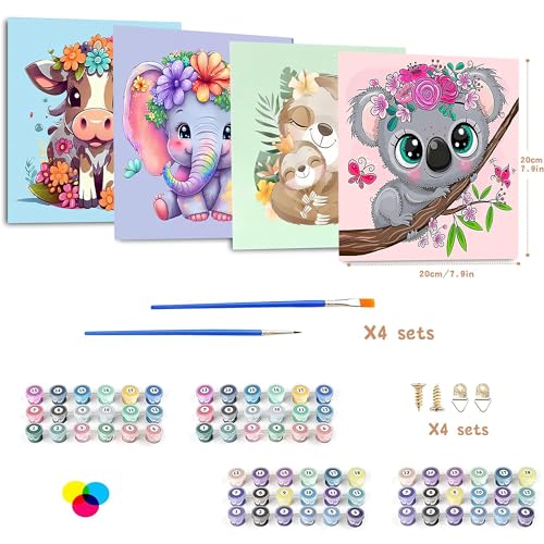 bleihum 4 Pack Paint by Numbers for Kid Ages 4-8 Animals 8x8inch | Animal Paint by Number Kits for Kids, DIY Animal Oil Painting for Home Decoration