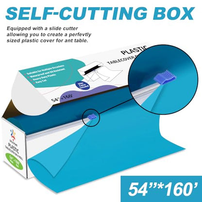 54IN X 160FT Plastic Table Cover Roll with Cutter Box, Cut to Size Plastic Table Cloths for Parties, Birthday, (Turquoise, Rectangular) - color: Turquoise, size: 1920" x 54" (Rectangular)