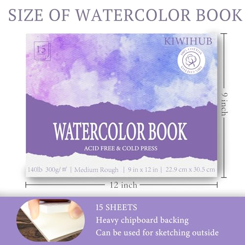 KIWIHUB Watercolor Paper Pad, 9 x 12 in, 100% Cotton, 140lb | Medium Rough Artist Painting Drawing Paper Book, Art Supplies for Adults Kids, Watercolors