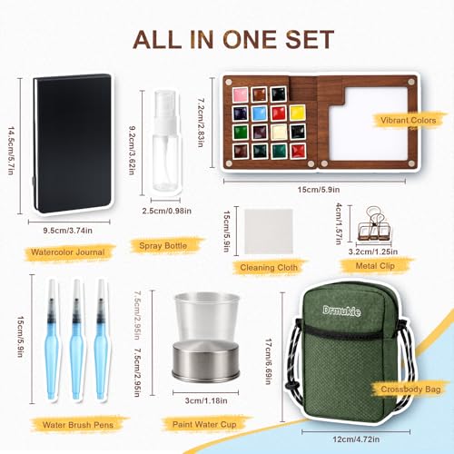 Mini Watercolor Paint Set 15-Color Walnut Wood Travel Paint Kit with Bag | Portable Pocket Paint Set with Watercolor Journal, Metal Clip, Paint Water Cup, Water Brush, Art Lovers Gifts Green - color: Green