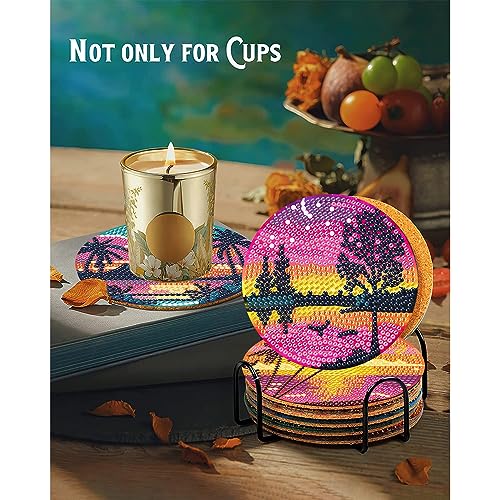 Clendo 8Pcs Diamond Painting Coasters Kits, DIY Landscape Diamond Art Coaster Kits with Holder, Small Diamond Painting Kits for Adults & Kids Art Craft Supplies - color: Bdz8p-85-001