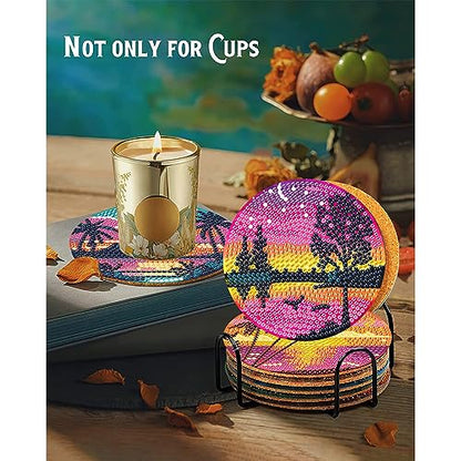 Clendo 8Pcs Diamond Painting Coasters Kits, DIY Landscape Diamond Art Coaster Kits with Holder, Small Diamond Painting Kits for Adults & Kids Art Craft Supplies - color: Bdz8p-85-001