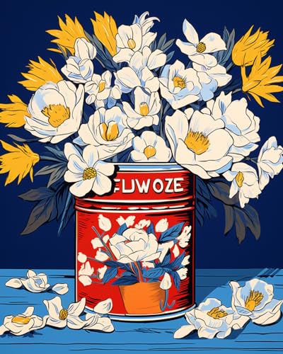 Tucocoo Bright White Flowers in a Tin Can DIY Paint by Numbers for Adults Vintage White Yellow Floral DIY Oil Painting Acrylic Paint Art Painting Kits Canvas with Acrylic Paint 16x20 Inch（DIY Frame ） - color: Floral in Tin 06, size: 16''x20''(DIY Frame)