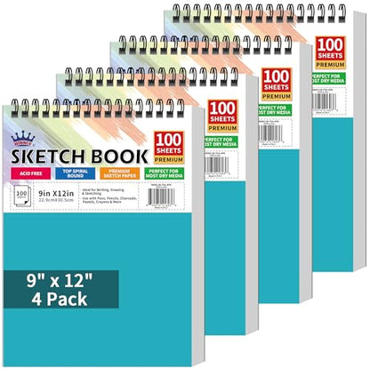 WINNER 9" x 12" Sketch Book 4 Pack, 400 Sheets Spiral Bound Art Sketchbook, 68lb/100gsm White Acid Free Drawing Pad, Sketching Doodling Drawing Writing Sketch Pad, Art Supplies for Back to School - color: Teal, size: 9"x12"