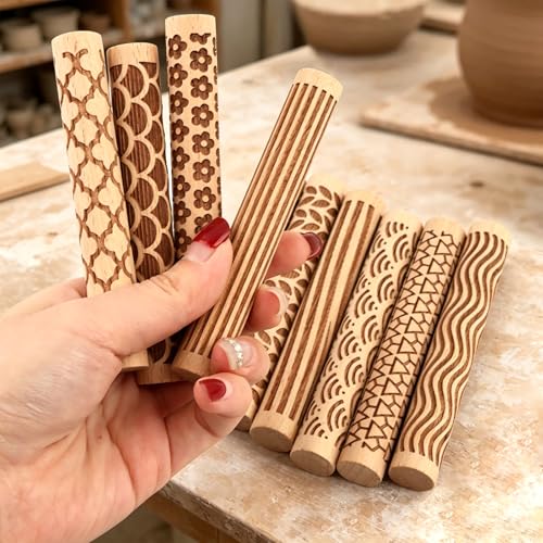10-Pack Wooden Clay Texture Rollers Set with 5 Pcs Sculpting Tools