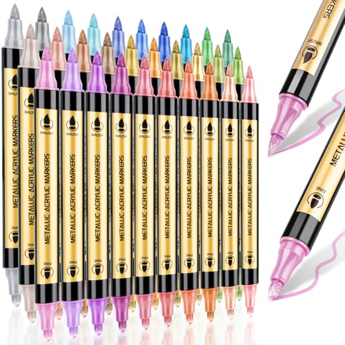 Metallic Marker Pens, 30 Colors Dual Tip Metallic Acrylic Paint Markers for for Black Paper, Rock, Fabric, Glass, Wood, Acrylic Paint Pens Markers Set for Coloring Books for Adults - color: 30 Colors
