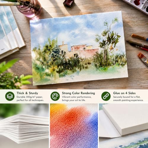 tumuarta Square Watercolor Paper Block, 100% Cotton, 8x8, 140 LB, 300 GSM, 20 Sheets, Cold Press, Acid Free, Mixed Media Sketch Books for Watercolors, Acrylic, Gouache and Dry Media - size: 8"x8" Cold Press