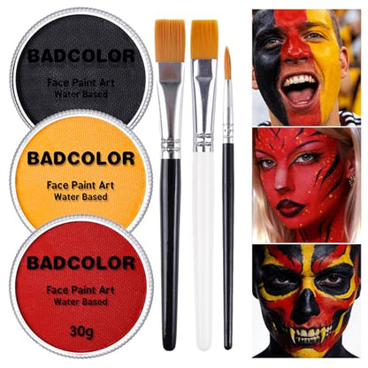 Black Red Yellow Germany Flag Face Body Paint Set, World Cup German Flag Face Painting Kit with Painting Brushes for Halloween, Water Based Face Paints for Fire Demon Avatar Tribe SFX Cosplay Make-Up - color: Black+Red+Yellow+3Pcs Brushes