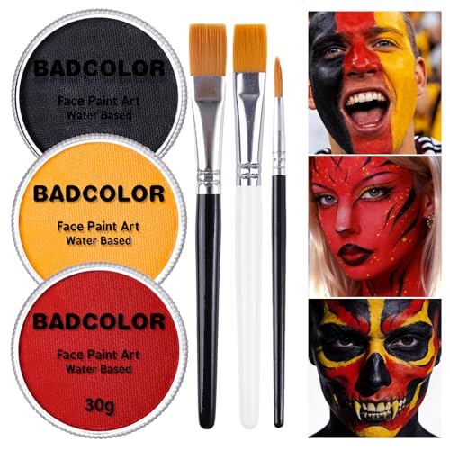 Black Red Yellow Germany Flag Face Body Paint Set, World Cup German Flag Face Painting Kit with Painting Brushes for Halloween, Water Based Face Paints for Fire Demon Avatar Tribe SFX Cosplay Make-Up - color: Black+Red+Yellow+3Pcs Brushes