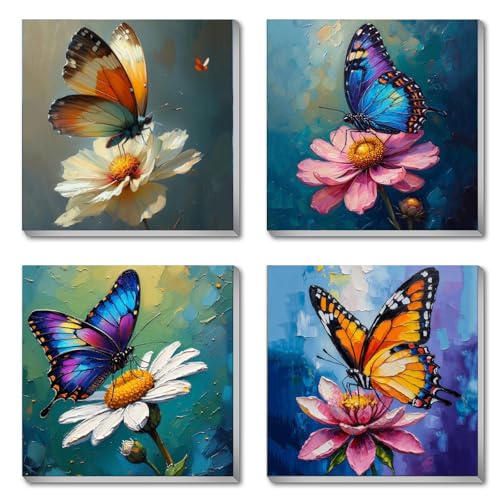 Canrichshop 4 Pack Butterfly Paint by Numbers for Beginner with Frame,Colorful Butterfly Adult Paint-by-Number Kits on Canvas, DIY Number Painting for Adults for Decor 8X 8 inch - color: BKH2174+BKH2175+BKH2176+BKH2177