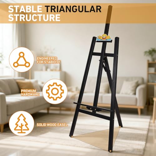Black Smiley Wooden Easel for Painting, Wedding Signs & Display | Adjustable foldable black easel for painting canvas. Sturdy A-frame stand for wedding signs, displays & studio. - color: Black