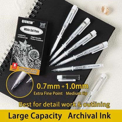 QIOINEW White Gel Pens, 1mm, 0.7mm Fine Point White Archival Ink Pens,6 PCS | White Opaque Archival Ink Pens for Black Paper Drawing, Art Highlight, Bullet Journaling, Illustration and Card Making,6 Pack - size: 0.7 mm + 1 mm, style: White