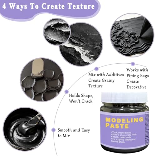 Black & Golden Acrylic Modeling Paste & 5pcs Piping Bags Bags & Squeegee with Teeth, Acrylic Medium for Texture Art, Texture Paste for Acrylic Painting, Canvas, Sculpture, Art Projects, 3D Effect - color: Black & Golden Modeling Paste + 5pcs Bags+ 2pcs To