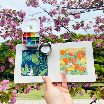 Portable Travel Watercolor Palette, Mini Metal Tin Box,12-Well Empty Tins - color: Outdoor Painting Set-flowers and Birds
