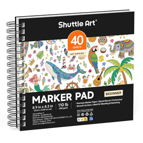 Shuttle Art Marker Pad, 8.9”x8.3” Portable Sketchbook, 40 Sheets Marker Drawing Paper, 110LB/180GSM Smooth Surface Bleedproof Art Paper, Spiral-Bound, Great for Beginners to Draw, Paint & Sketch - size: 8.9x8.3 inch