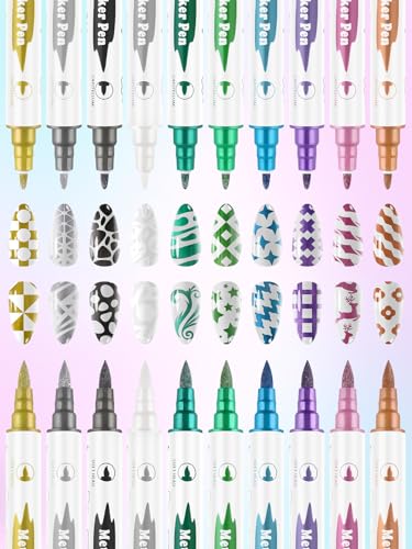 10 Color Metal Giltter 3D Nail Art Pens Set Kalolary Double-ended | Nail Point Dotting Pen Drawing Painting Liner Brush for DIY Nail Art Beauty Adorn Manicure Tools(G) - color: G