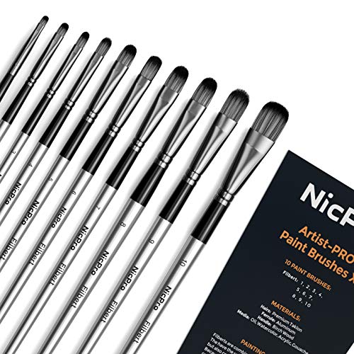 Nicpro 10 PCS Filbert Paint Brushes Art Painting Brush Set for Acrylic Watercolor Oil Gouache Canvas, Craft Detail Face Body Painting, Artist Kit for Kid & Adult - size: Filbert
