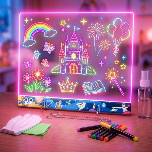 16" LumiBoard LED Drawing Board for Kids - 7 Colors & 10 Modes Rechargeable Acrylic LED Note Board with 7 Markers Cleaning Kit, Sketching & Birthday Gifts for Kids/Girls/Teens（Space） - color: Space