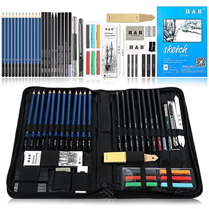 H & B 48-Piece Sketching & Drawing Kit for Adults & Beginner Artists - Includes Graphite & Charcoal Pencils, Blending Stumps, Sketchpad, Pastel Sticks, Nylon Storage Case - size: 48 Piece Set