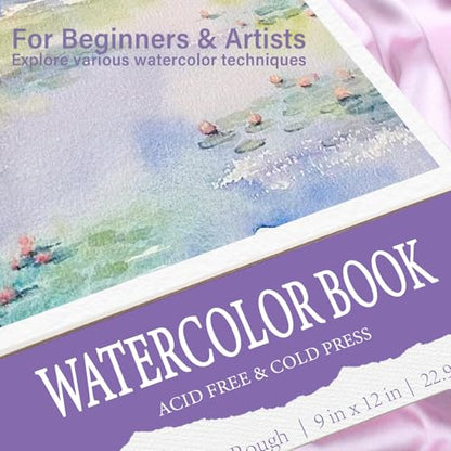 KIWIHUB Watercolor Paper Pad, 9 x 12 in, 100% Cotton, 140lb | Medium Rough Artist Painting Drawing Paper Book, Art Supplies for Adults Kids, Watercolors