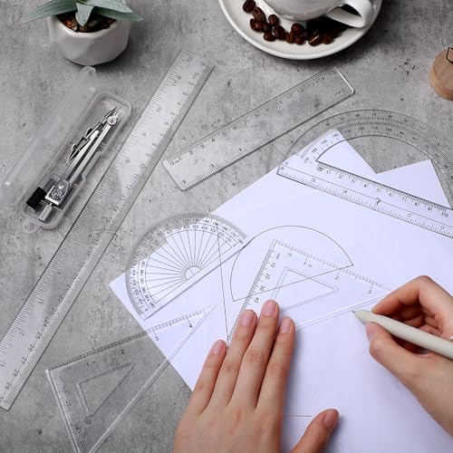 Zonon 7‑Piece Geometry Set with Drawing Compass, 6 & 4 Inch Protractors, Triangle Rulers and Straight Rulers, Transparent Math Drafting Supplies for Back to School, Students and Office Use(Clear) - color: Clear