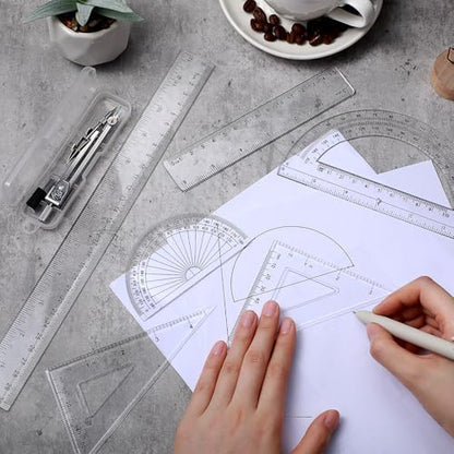 Zonon 7‑Piece Geometry Set with Drawing Compass, 6 & 4 Inch Protractors, Triangle Rulers and Straight Rulers, Transparent Math Drafting Supplies for Back to School, Students and Office Use(Clear) - color: Clear