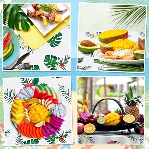 Oudain 6 Pcs 84" Summer Round Hawaiian Tablecloths, Lagre Tropical Luau Plastic Table Covers with Palm Leaves & Hibiscus Flower, Aloha Tiki Beach Pool Party Decorations Supplies (White) - color: White