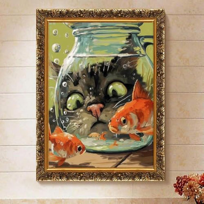 Fairyland JinWenn Curious Cat Fish Paint by Numbers Kit for Adults Framed Canvas Frameworkless - color: YH04413