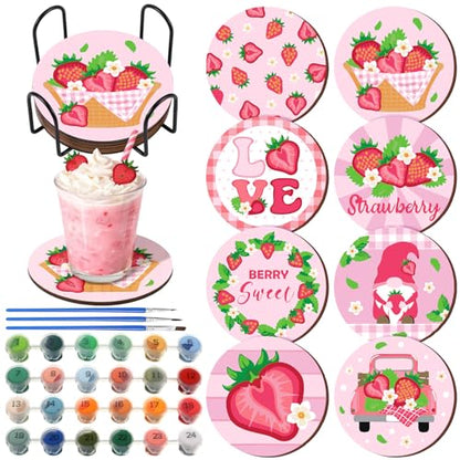 Reallnaive 8 Pcs Strawberry Paint by Numbers Kit for Adults Wooden Coasters - style: Strawberry