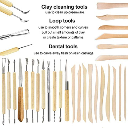 57PCS Ceramic Clay Tools Set with Plastic Case Modeling Pottery Sculpting Tools Kits for Beginners Professionals Crafts Polymer Clay Club, Dotting, Ribbon Trimming