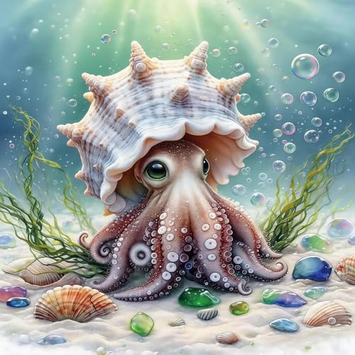 5D Diamond Painting Kit for Adults 14x14 Inch Cute Octopus with Seashell Underwater Scene Full Drill DIY Diamond Art Kit Ocean Animal Rhinestone Painting Craft Home Wall Decor - color: FYZZ-127