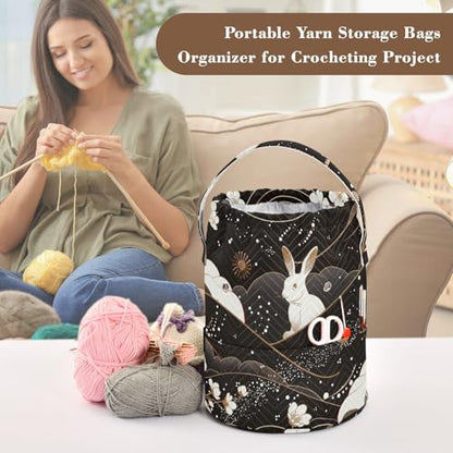Bunny Chinese Style Yarn Bag Small Crochet Bag Drawstring Yarn Storage Organizer Knitting Project Bags Potable Yarn Holder with Holes Handle Crocheting Needles Knitting Accessories - color: Bunny Chinese Style