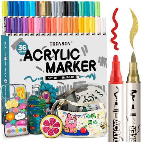TRANSON 36 Colors Bold and Brush Dual-tip Acrylic Paint Marker Pen Set for Canvas Rock Wood Leather Ceramic DIY Painting - color: 36 Colors