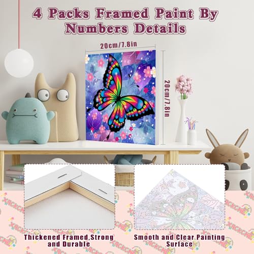 4 Pack Butterfly Paint by Number for Kids with Wooden Frame - Wooden Easel | Paint by Numbers for Kids Butterflies Ages 4-8-12, Easy Painting with Number Oil Painting Kits for Home Wall Decor (8X8 inch) - color: BKH07+BKH08+BKH56+BKH58