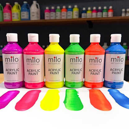 milo Fluorescent Acrylic Paint Set of 6 Colors | 4 oz Bottles | Student Neon Colors Acrylics Painting Pack | Made in the USA | Non-Toxic Art & Craft Paints for Artists, Kids, & Hobby Painters | Glows in Black Light, AP Certified Non-Toxic, Made in USA, Ar