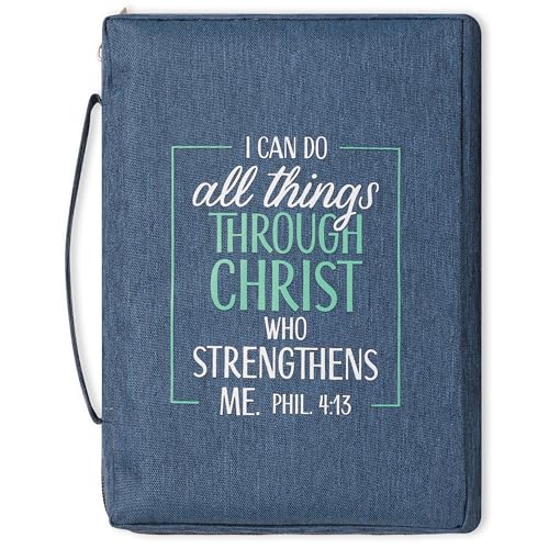 Christian Art Gifts Men/Women's Bible Cover I Can Do All Things Philippians 4:13, Blue/Turquoise Canvas, Large - color: Blue/All Things, size: Large