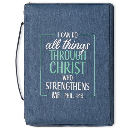 Christian Art Gifts Men/Women's Bible Cover I Can Do All Things Philippians 4:13, Blue/Turquoise Canvas, Large - color: Blue/All Things, size: Large