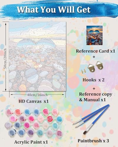 TOCARE Paint by Numbers Kit for Adults Beach Sunset, Acrylic Adult Paint by Number Sunset with Crystal Heart 16x20inch Gift for Valentines'Day - color: Sea Crystal Heart