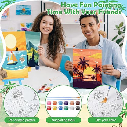 Blosssound 10 Set Pre Printed Canvas Pre Drawn Canvas Painting with Easel Kits 5" x 7" Outline Painting Panels for Beginners, DIY Craft Project, Home Decors(Summer) - style: Summer