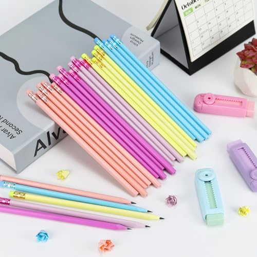 Buqoo 50 PCS Cute Wooden Lead Pencil Pro Art and Sketching Pencil Kit | Comes with 3 Push-Pull Refillable Erasers, Drawing Supplies, Charcoal Pencils, Charcoal Pencils for Drawing - color: Pink