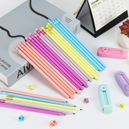 Buqoo 50 PCS Cute Wooden Lead Pencil Pro Art and Sketching Pencil Kit | Comes with 3 Push-Pull Refillable Erasers, Drawing Supplies, Charcoal Pencils, Charcoal Pencils for Drawing - color: Pink