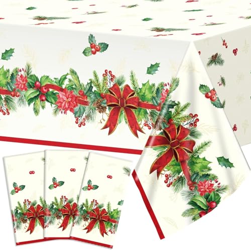 OBUSATT 3pcs Christmas Party Tablecloth Holly and Pine Cone Merry Christmas Holiday Table Cloth 108 x 54 Inch Rectangle Waterproof Xmas Holiday Table Cover Decorations for Christmas Party Supplies - style: Holly and Pine Cone