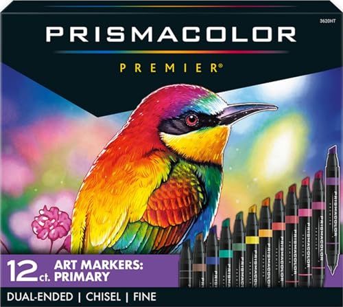 Prismacolor Premier Dual-Ended Art Markers, Chisel and Fine Tips, Primary Colors, 12 Count - Art Supplies, Alcohol-Based Ink, Coloring, Creative, Artist, Adult Coloring