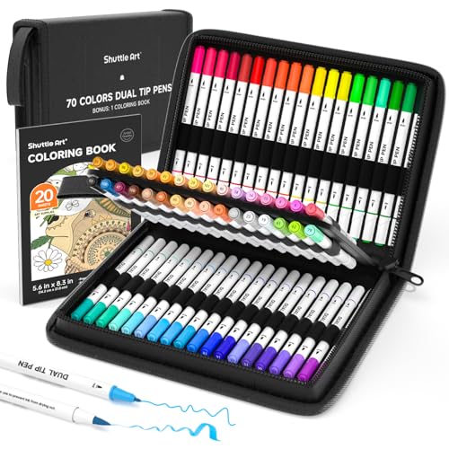 Shuttle Art Dual Tip Brush Pens, 70 Colors, Fine and Brush Dual Tip Markers Set, Portable Storage Case, Ideal for Calligraphy, Coloring, Doodling, Writing - color: 70 Colors with 1 Coloring Book