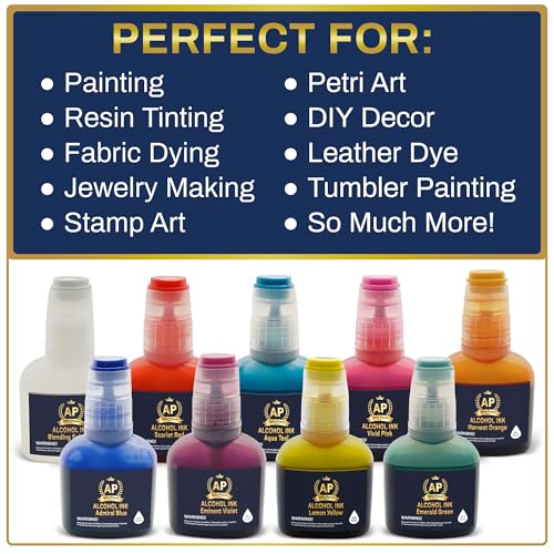 Alcohol Ink Set - 15 pcs of 20ml Vibrant Concentrated Colors Alcohol-Based Ink for Epoxy Resin Art Petri Dish Tumbler Making incl. Acrylic Ink Paper for Alcohol Inks Blending Solution & Paint Brushes
