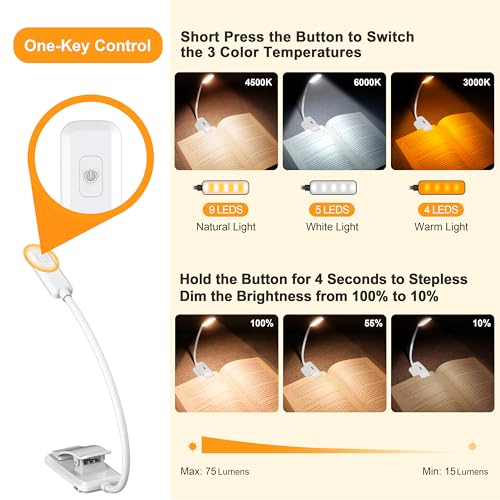 Gritin 9 LED Rechargeable Book Light for Reading in Bed | Eye Caring 3 Color Temps,Stepless Dimming Brightness,80 Hrs Runtime Small Lightweight Clip On Book Reading Light-‎White - color: ‎White