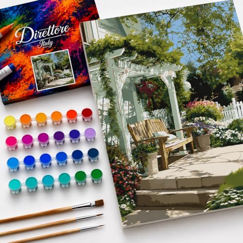 Direttore Italy Paint by Numbers Kit for Adults, Spring Garden with Flowers, DIY Acrylic Painting Set on 16x20 Inch Framed Canvas, 24 Paints and 3 Brushes, Cottage Wall Art Decor for Beginners - color: Spring Garden