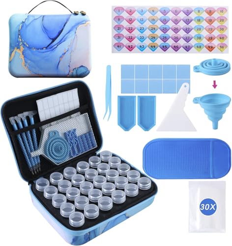 LYMUSUMI 30 Slots Diamond Art Storage Containers Portable Bead Storage Boxes for Diamond Painting Accessories and Tools - color: Blue and white