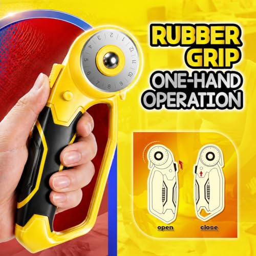 DIYSELF 45mm Rotary Cutter for Fabric, Fabric Cutter Rotary Tool, 5 Blades | Roller Cutter for Fabric with Ergonomic Handle, Safety Lock and Quick-Change Blades for Quilting, Sewing, Paper and Leather - color: Yellow