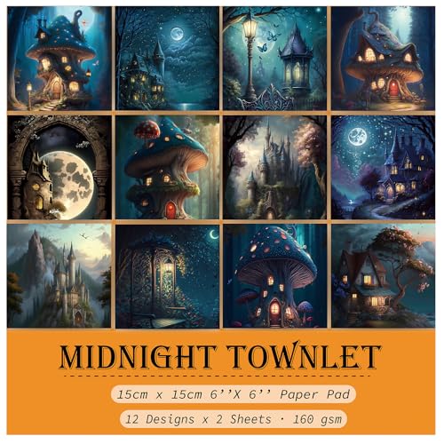 Scrapbook Paper, 24 Sheets 6"×6" 160gsm Single-Sided Patterned Cardstock | Vintage Decopodge Scrapbook Supplies, Junk Journal Decorative Crafts DIY Album Card Making Art Journaling.Midnight Townlet - color: 24 sheets-midnight townlet
